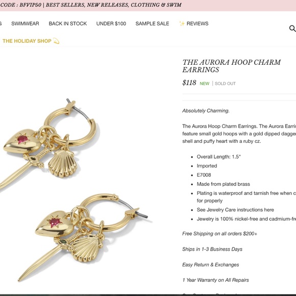 Vanessa Mooney AURORA HOOP CHARM EARRINGS Dagger heart sea shell gold earrings - Picture 5 of 17